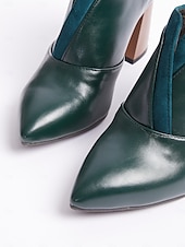 baratos Botas de tornozelo-botins femininos de couro sintético verde com bico fino e salto bloco – sapatos modernos e sofisticados para uso no escritório e na noite