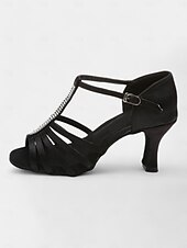 abordables Chaussures de danses latines-chaussures de danse latine pour femmes avec bride en T en strass et semelle en daim souple | talons chaton à bout ouvert en satin pour la salle de bal et la salsa