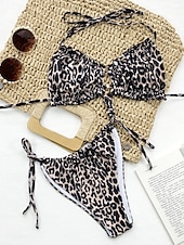 cheap Bikini Sets-Women&#039;s Swimwear Bikini 2 Piece Cheeky Swimsuit Backless Slim Vacation Beach Wear Solid Color Leopard Halter Neck Sleeveless Bathing Suits