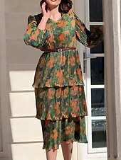 abordables Robes fleuries élégantes-robe midi à fleurs pour femmes, col en V, manches longues, été, printemps