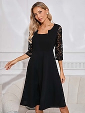 levne černé mini šaty-Dámské Černé šaty Midi šaty Krajka Elegantní Hranatý Dlouhý rukáv Černá Barva