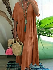 abordables Robes-Femmes Vert militaire Orange Kaki Été Robe maxi Robes inspirées du lin Élégant Mode Bureau Quotidien Coupe Ample Col en V