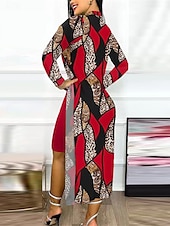 preiswerte Blusenanzüge für Damen-Damen Kleid-Set Casual kleid Brautkleider schlicht Leopard Farbblock Bedruckt Midikleid Langarm Ständer Outdoor Täglich Gelb Rote Marinenblau Sommer Frühling Regular Fit