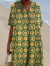 abordables robes imprimées en coton et lin-Femmes Robe maxi Robes inspirées du lin Robe Décontractée Robe en coton et lin Robe évasée Occasionnel Quotidien Coupe régulière Fleuri Demi Manches Col en V Vert Été Printemps Automne