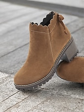 preiswerte Stiefeletten-braune Wildlederstiefeletten für Damen mit gewelltem Rand und Blockabsatz – lässiger Vintage-Stil für jeden Tag