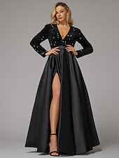 preiswerte SCHWARZ-Ballkleid Abendkleid Elegantes Kleid Hochzeitsgast Geburtstag bodenlang langärmlig V-Ausschnitt Taschensatin mit Pailletten-Tasche