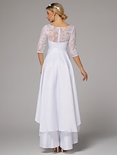 economico Abiti bianchi-Abiti da sposa abito A-Line collo a barca maniche lunghe asimmetrico abiti da sposa in satin con pieghe mono colore