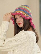 baratos Chapéus Femininos-chapéu de balde de malha colorido feminino com aba fofa – acessório de inverno aconchegante e estiloso