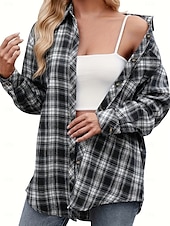 tanie Damskie bluzki robocze-bluzka damska plus size casual krata kieszeń długi rękaw regularne topy kołnierzyk koszulowy codzienny czarny wiosna&amp;amp;  jesień