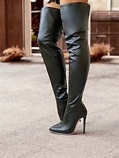levne Módní boty-dámské černé boty na jehlách z umělé kůže na stehna – elegantní a sexy design nad kolena pro klubové oblečení a večerní glam