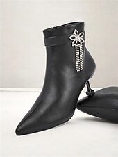 olcso Bokacsizma-női fekete műbőr bokacsizma strasszos virágdíszítéssel és cicasarkúval – elegáns lábbeli esti rendezvényekre