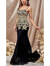 preiswerte SCHWARZ-Meerjungfrau/Trompete Abendkleid elegantes Kleid Hochzeitsgast Sweep/Pinsel Schleppe ärmellos V-Ausschnitt Chiffon Satin mit Glitzer 2025