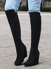 cheap Fashion Boots-Women&#039;s Over-the-Knee Wedge Boots – Suede-Style Burgundy High Boots with Elegant Design, Perfect for Winter Outings and Casual Chic
