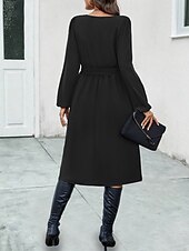 cheap Midi Black Dress-Women&#039;s Casual Dress Midi Dress Buttons Belted Casual V Neck Long Sleeve Black Color