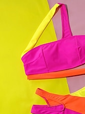 preiswerte Bikini-Sets-Damen Badeanzug Bikinis 2 Stück Cheeky-Bikinihose Bademode Rückenfrei Schlank Urlaub Strandbekleidung Farbblock Asymmetrischer Hals Ärmellos Badeanzüge