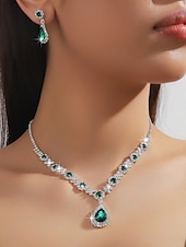 billige Halskjede for kvinner-smykkesett med grønne dråper i krystall - halskjede og øredobber med rhinestone-aksenter for kvinner, perfekt for bryllup og formelle begivenheter
