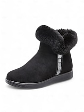 baratos Botas de neve e inverno-botins femininos de camurça bordô com punho de pele sintética e sola antiderrapante – calçados quentes de inverno para uso casual e ao ar livre