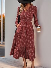 abordables Robes de travail-Femme Robe mi-longue Robe casual Robe Évasée Robe Trapèze Décontractées du quotidien Standard Floral manche longue Col V Vin Printemps Automne