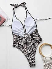 billiga One-piece-baddräkter-Dam Badkläder En bit Monokini Baddräkt Öppen rygg Magkontroll Hög midja Smal Semester Standkläder Leopard Halterneck Ärmlös Baddräkter