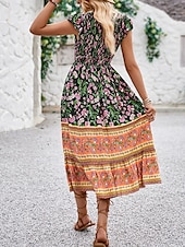 ieftine Rochii Boho-Pentru femei Rochii Midi Rochie casual Rochie leagăn Rochie A line Rochie Boho Casual Zilnic Fit regulat Floral Manșon scurt În V Negru Portocaliu Vară Primăvară