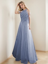 baratos Semi-formal / Cocktail-Vestidos de Formatura A-Line Vestido Vintage Formal Formatura Comprimento de Chão Sem Mangas Gola Alta Tule com Glitter e Franjas
