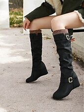 cheap Slouch Boots-Women&#039;s Distressed Tan Slouchy Knee-High Boots with Buckle Straps and Wedge Heel – Cozy Winter Boots with Knit Cuff for Casual Outfits