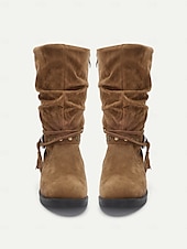 levne Slouch Boots-dámské polobotky z umělého semiše do půli lýtek s cvočkovým páskem a detaily se střapcem – ležérní boho styl na podzim a zimu
