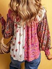 cheap Women&#039;s Graphic Tops-Women&#039;s Shirt Blouse Floral Casual Long Sleeve V Neck Regular Tops Daily Buttons Print Rainbow Fall Winter