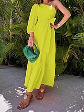 abordables Robes de vacances-Robe casual Robe unie Femme Robe Maxi A Volants Poche Sport &amp; Loisir Plein Air Décontractées Une Epaule Manches 3/4 Standard Jaune Fuchsia Orange S M L XL