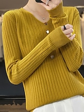 cheap Solid Colors-Women&#039;s Pullover Sweater Jumper Stylish Casual Soft Solid Color Ribbed V Neck Buttons Long Sleeve Regular Tops Knit Outdoor Daily Going out Black White Fall Winter