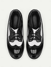 preiswerte Damenschnürschuhe-schwarz-weiße Damen-Brogue-Oxfords mit Plateausohle – Schnürschuhe aus Vintage-Lackleder mit dicker Sohle