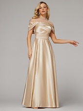 cheap CHAMPAGNE-A-Line Evening Gown Elegant Dress Formal Floor Length Short Sleeve Illusion Neck Satin with Ruched Beading