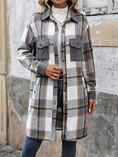 billiga Kappor och trenchcoats-Dam Vinterkappa Utomhus Gata Dagliga kläder Höst Vinter Lång Täcka Normal Håller värmen Andningsfunktion Stylish Ledigt Jacka Långärmad Ränder och pläd Med fickor Mönster Vin Kaffe Grå