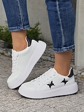 economico Sneakers da donna-sneakers da donna bianche con plateau e ricamo a farfalla | scarpe casual con lacci per tutti i giorni