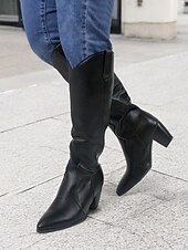 levne Cowboy &amp; Western Boots-černé westernové boty z umělé kůže po kolena se špičatou špičkou a blokovými podpatky – elegantní styl kovbojky pro ženy