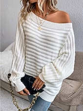 cheap Solid Colors-Women&#039;s Sweater Casual Soft Pure Color Ribbed Boat Neck Knitted Long Sleeve Regular Tops Knit Outdoor Daily Weekend Black White Fall Winter