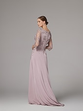 tanie Długość podłogi-Sukienka sheath na plażę Sukienka matki panny młodej Elegancka Dekolt bateau Długość do podłogi Satyna 3/4 długości rękaw z aplikacjami koronkowymi