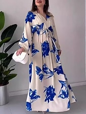 preiswerte Elegante Blumenkleider-Damen Blumen V-Ausschnitt Maxikleid Langarm Sommer Frühling