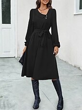 cheap Midi Black Dress-Women&#039;s Casual Dress Midi Dress Buttons Belted Casual V Neck Long Sleeve Black Color