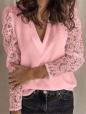 economico Top in Pizzo-Top in pizzo bianco elegante da donna camicetta di pizzo abbigliamento solidale e casual top regolari a maniche lunghe scollo a V patchwork in pizzo vestibilità regolare top romantici da indossare