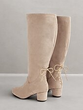 abordables Bottes à la mode-bottes hautes en daim beige à mollet large pour femmes avec talons épais – chaussures confortables et élégantes pour les tenues décontractées et hivernales