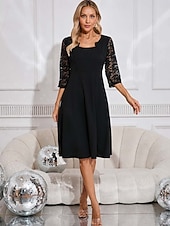 levne černé mini šaty-Dámské Černé šaty Midi šaty Krajka Elegantní Hranatý Dlouhý rukáv Černá Barva