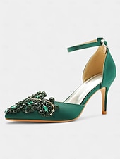 cheap Classic Pumps-Women's Emerald Green Satin Ankle Strap Heels – Pointed Toe Cocktail Shoes with Crystal Embellishments for Parties and Weddings