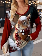 abordables Camiseta de Animales-Camiseta de mujer con estampado casual, manga larga, cuello en V, para uso diario, color rojo, para primavera y otoño