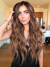 baratos Perucas Sintéticas sem Touca-Long  Wigs for Women Middle Part Wig Long Curly Wavy Synthetic Wigs for Daily Party Use