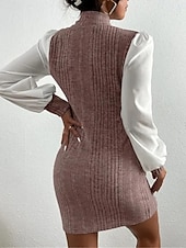 preiswerte Einfaches Kleid-Damen Casual kleid Minikleid Patchwork Brautkleider schlicht Ständer Langarm Braun Beige Farbe