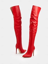 levne Módní boty-dámské černé boty na jehlách z umělé kůže na stehna – elegantní a sexy design nad kolena pro klubové oblečení a večerní glam