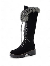 baratos Botas de neve e inverno-botas femininas de camurça sintética com cadarço até o joelho e punhos de pele sintética – calçados de inverno estilosos com sola grossa