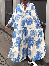 abordables Robes de vacances-robe longue à fleurs pour femmes, col fendu, manches longues, été, printemps