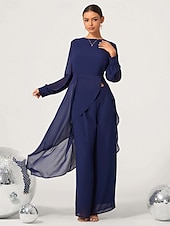 olcso Kétrészes készletek-női esküvői vendég jumpsuit elegáns sötétkék hosszú áttetsző ujjú széles láb elegáns esti parti viselet kerek nyakkivágás tavasz nyár ősz